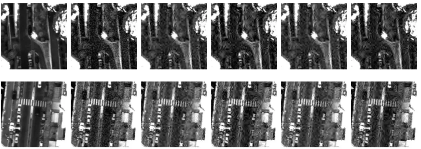 Fig. 6. Visual comparison of reconstruction results. From left to right: Reference image, observed image, image reconstructed using the separated optimization of the on-ground distortion, image reconstructed using the joint optimization of the on-ground di