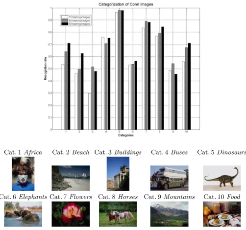Fig. 3. Top: average recognition rate per category for 15, 30 and 50 training images per category