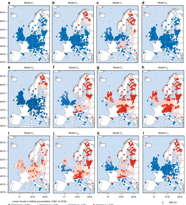 Fig. 2 Spatial patterns of the linear trends in chilling accumulation based on 12 chilling models