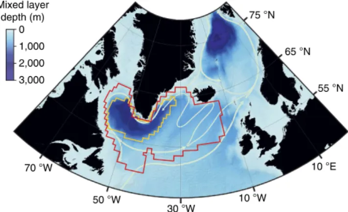 Figure 1 | Sites of deep-water formation in the North Atlantic. Map of the maximum winter mixed layer depth (m) averaged over the 1993–2012 period according to the GLORYS reanalysis