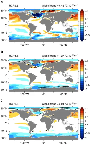 Figure 2 | Patterns of SST response in RCP scenarios. Ensemble mean of the 21st century SST trend normalized by its own global mean