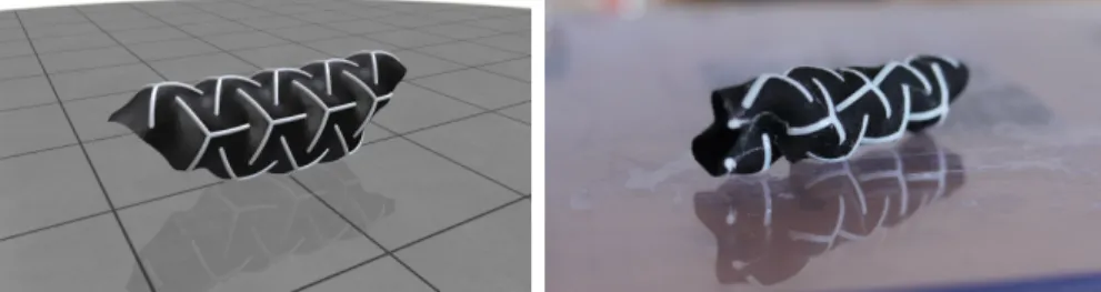 Figure 3: Our simulation tool (left) correctly predicts that a uniform star pattern, with free boundary, rolls up into a cylinder at static equilibrium (right)