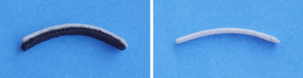 Figure 4: A plastic rod printed on top of a strip of fabric. Due to the bilayer effect, the rod will naturally bend upwards (left)