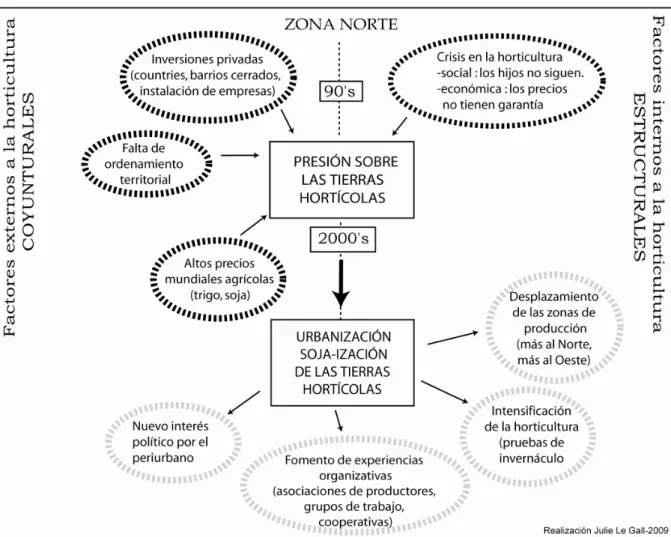 Gráfico 1: Dinámica de los espacios hortícolas, causas y consecuencias: el ejemplo de la zona Norte 