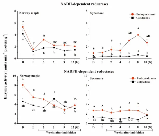 Figure 7. Activity of NAD(P)H-dependent reductases in the embryonic axes and cotyledons of Norway maple and sycamore dry and germinating seeds