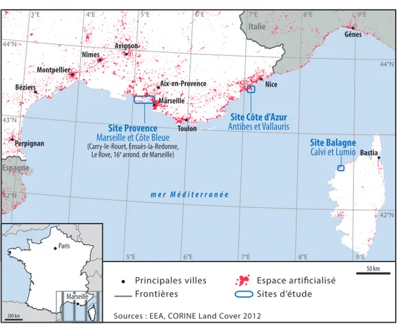 Figure 1. Les sites d’étude : trois territoires côtiers méditerranéens