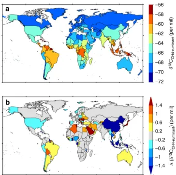 Fig. 5 Country average δ 13 C CH4-ruminant in 2000s, and the changes in δ 13 C CH4-ruminant between 1960s and 2000s ( Δ ( δ 13 C CH4-ruminant ))