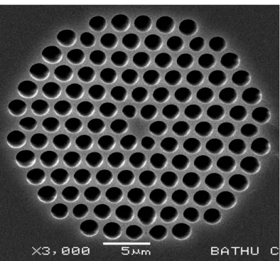 Figure 2. Scanning electron microscope (SEM) image of the central region of PCF A. The birefringence required was introduced by reducing the size of two holes adjacent to the core (at 11 o’clock and 5 o’clock).