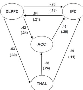 Fig. 2. Mod` ele SEM incluant le cortex pr´ efrontal dor- dor-solat´ eral (DLPFC), le cortex cingulaire ant´ erieur (ACC), le cortex pari´ etal inf´ erieur (IPC) et le thalamus (THAL).