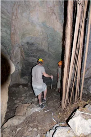 Figure 2 : topographie de la grotte du Figuier maudit. Photographie 1 : vue de l’aven d’entrée encombré de racines de la grotte du Figuier maudit