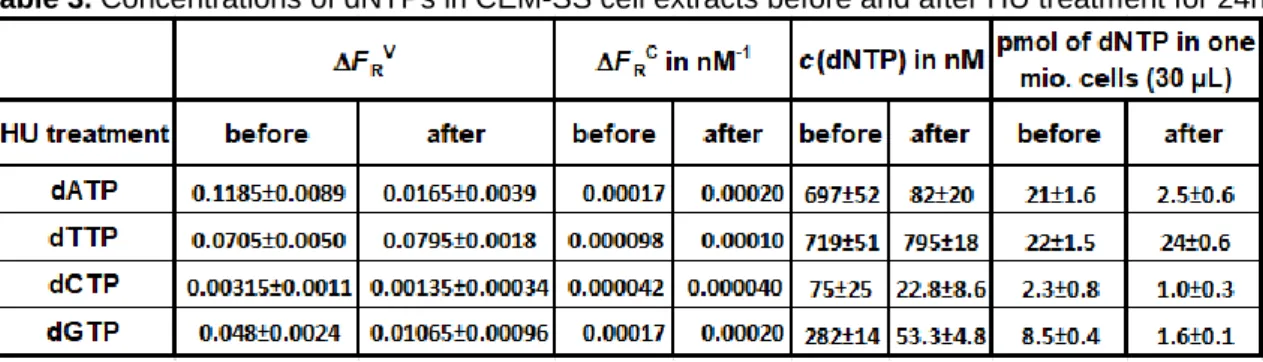 Table 3. Concentrations of dNTPs in CEM-SS cell extracts before and after HU treatment for 24h