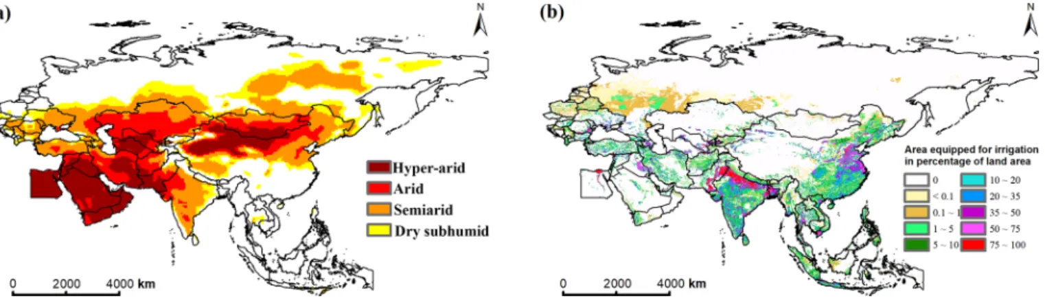 Figure 1. Boundaries of the Asian and eastern European regions. Panel (a) is the spatial distribution of arid and semiarid areas based on the averaged aridity index during 2002–2017