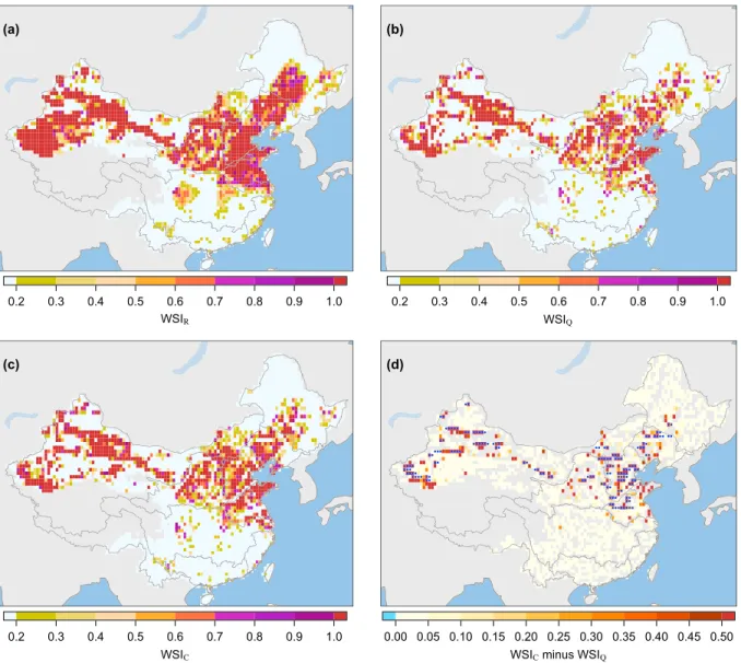 Figure 3. Mean annual water stress in China over the 1971 – 2010 period indicated by the (a) water stress index based on runoff (WSI R ), (b) water stress index based on stream ﬂ ow (WSI Q ), (c) the water stress index based on stream ﬂ ow subtracting cons