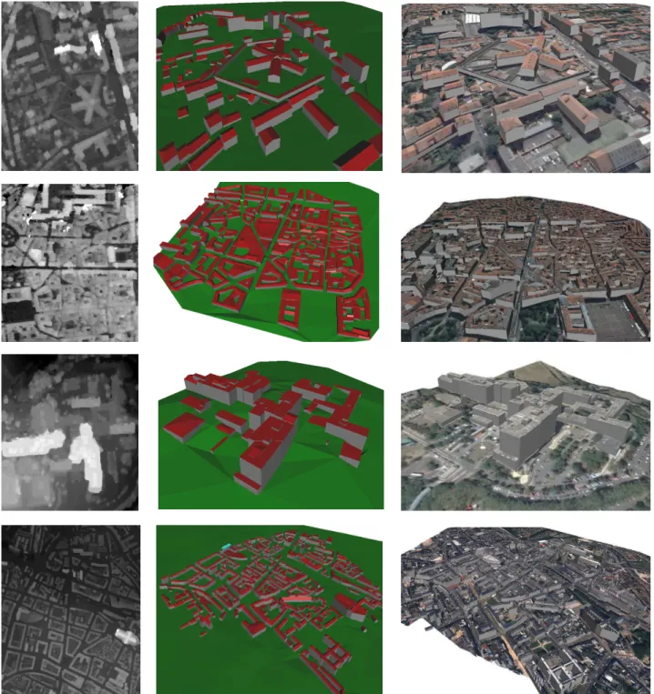 Fig. 16. Urban area reconstruction without and with textures (3 rd and 2 nd columns respectively) from DSMs (1 st column)