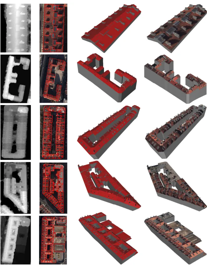 Fig. 17. Building superstructure reconstruction without and with textures (3 rd and 4 th columns respectively) from 0.1 m resolution aerial DSMs (1 st column) and interactive 2D-supports (2 nd column).