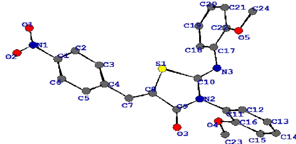 Figure IV.6: Structure de la molécule C 24 H 19 N 3 O 5 S après résolution (sans atomes d’hydrogène)  b)  Programmes de visualisation de la structure   