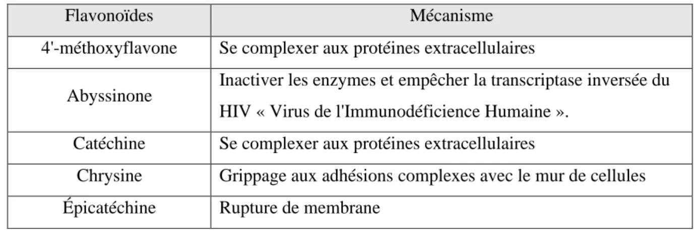 Tab. 1 : Quelques flavonoïdes antimicrobiens (BOUHADJERA 2005). 