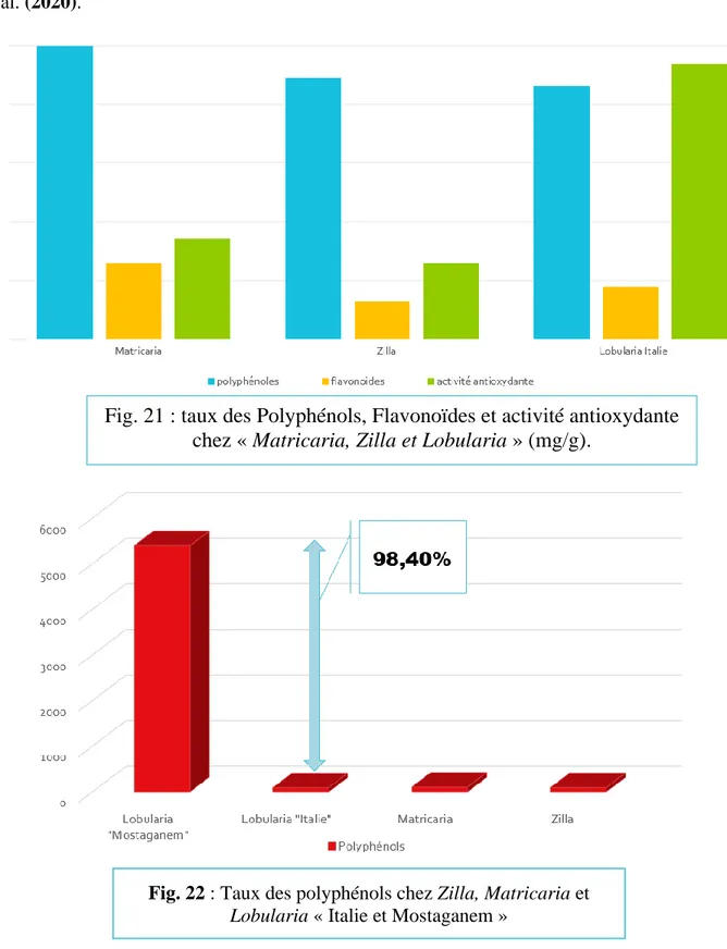 Fig. 22 : Taux des polyphénols chez Zilla, Matricaria et  Lobularia « Italie et Mostaganem » 