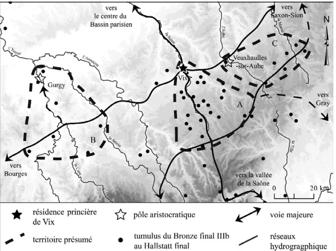 Figure 9. Hypothèses de délimitation de territoires des populations hallstattiennes installées en  bordure du Bassin parisien (DAO: Cruz F.); localisation des nécropoles de l’âge du Fer d’après  