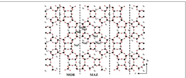 Figure I.10. Structure affinée du gallosilicate TNU-7 ainsi que la position de cations Na + , vue selon [100] [55]