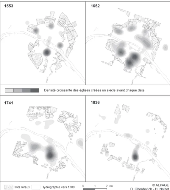 Fig. 9. Ilots ruraux et densités ecclésiastiques séculaires de 1553 à 1790-1836: carte