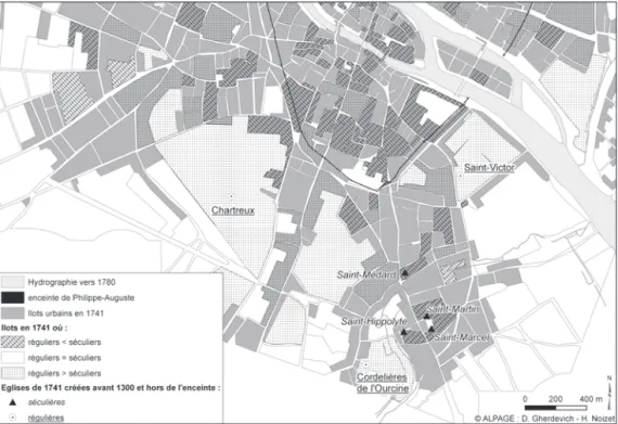 Fig. 11. Ilots urbains et types d’églises en 1741 en rive gauche: carte