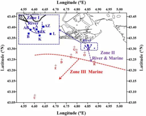 Figure 9. The zoning with different dominant sources of particles: input of river-bome  particles (River) near the river mouth and marine particles (Marine) on the 