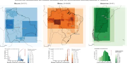 Figure 6. Couverture spatiale des données diffusées dans les trois INDG étudiées  (Extraction en avril 2013 - Bolivie et Brésil - et en octobre 2013 - Argentine)  