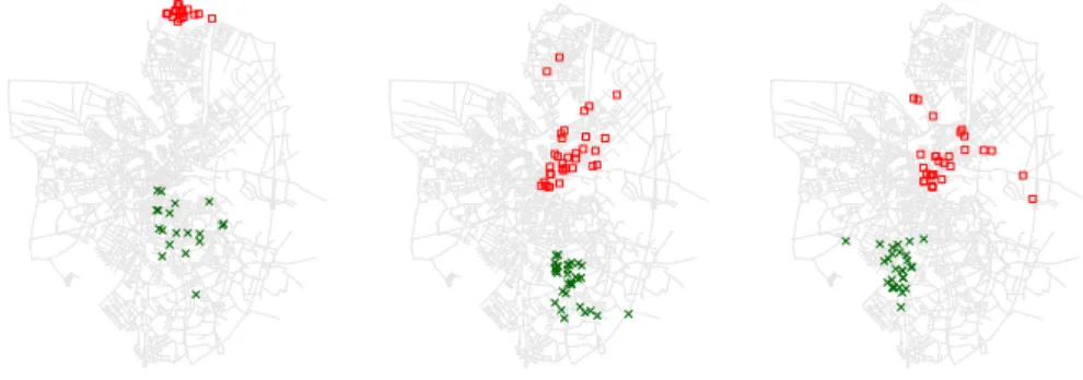 Fig. 1: Departures points (crosses) and arrival points (empty squares) of some clusters that travelled along the most occupied road segment.