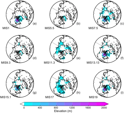 Figure 2. Ice sheet elevation (m) in the Northern Hemisphere simulated by the CLIMBER-2 model (Ganopolski and Calov, 2011) and used in the OVIC series for each interglacial simulation, in anomalies with respect to the pre-industrial elevation.