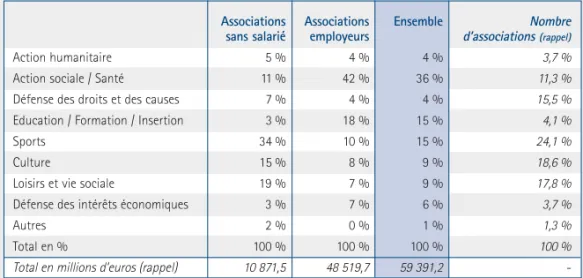 Tableau 7 : Poids des différents secteurs d’activité dans le budget cumulé des associations en %