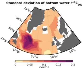 Figure 10. Standard deviation of bottom water δ 13 C DIC over the entire simulation.