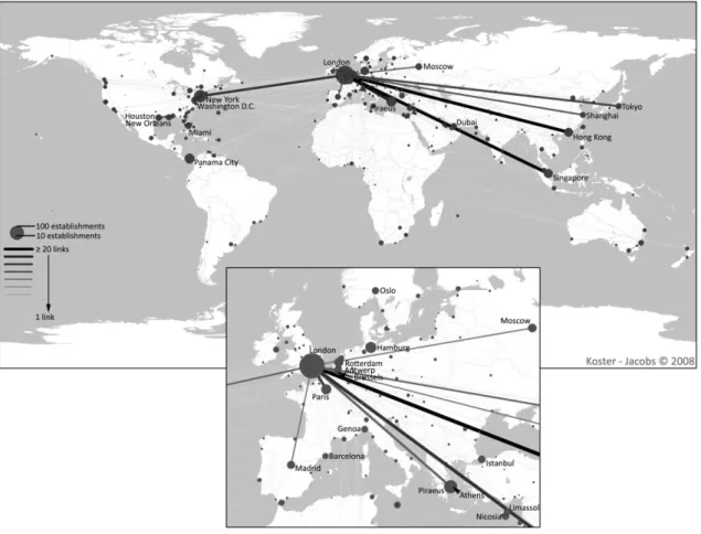 Figure  2:    Global  Network  of  P&amp;I  and  maritime  law  offices.  Source:  derived  from  World  Shipping Register 2008 