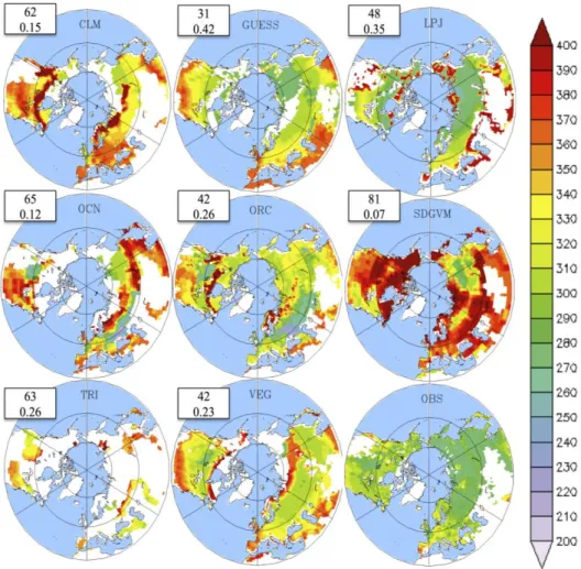 Figure  6.  Mean  (1986–2005)  growing  season  dormancy  (day)  for  8  LSMs  and  satellite  observations over the Northern Hemisphere (30°–90°N)