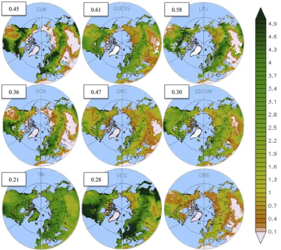 Figure 3. Spatially distributed annual mean LAI for 8 LSMs (1–8) and satellite observations  over the Northern Hemisphere (30°–90°N), for the period 1986–2005