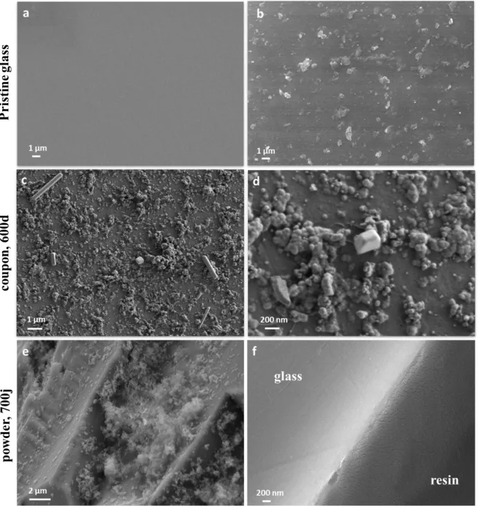 Figure 2. Scanning electron micrographs (back-scattered electrons) of BG B  glass: a) a pristine coupon, b) a pristine  grain, c) and d) the surface of a coupon altered for 600 days, e) the surface of a grain altered for 700 days, and f) the 