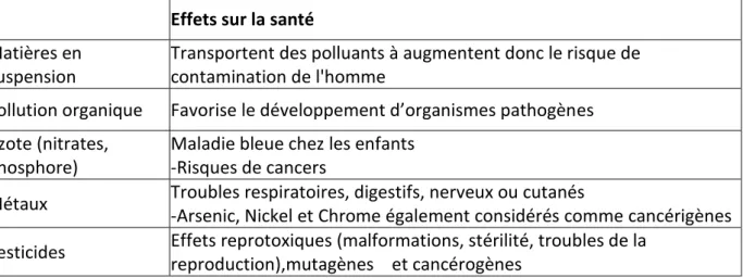 Tableau n° Ⅰ. 2 : les polluants et leurs effets sur la santé    Effets sur la santé 