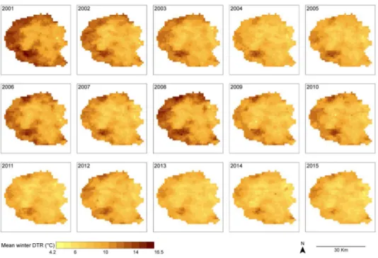 Figure 3C. Winter diurnal temperature range from 2001 to 2015 has been retrieved using MODIS-TERRA  MOD11A2 eight-day thermal images