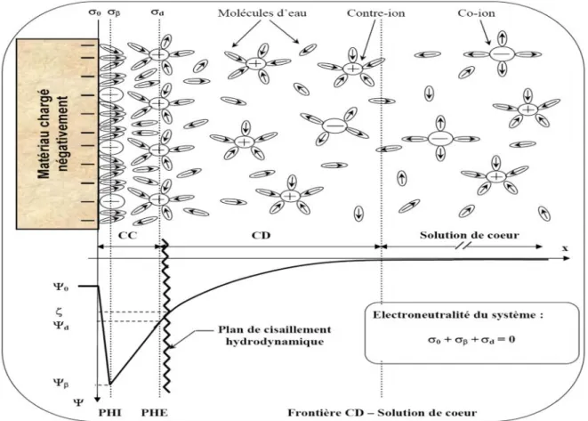 Figure II -6. Représentation schématique de l’interface solide-solution et variation de la distribution des charges et du potentiel électrique.