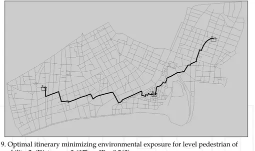 Fig. 9. Optimal itinerary minimizing environmental exposure for level pedestrian of  vulnerability 2