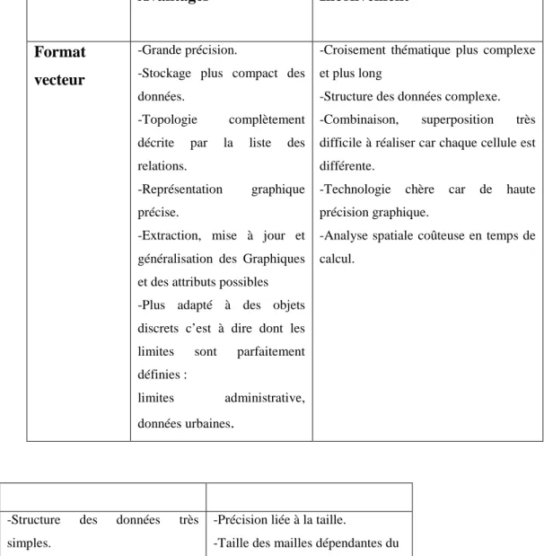 Tableau 2.1: Avantage et inconvénients du format raster et vecteur. 