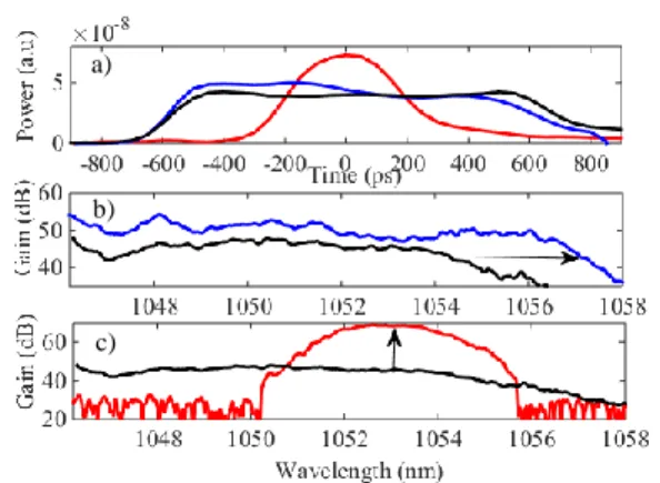 Fig. 5 (a) Amplified signal when a hole is applied in the pump temporal profile  (inset)