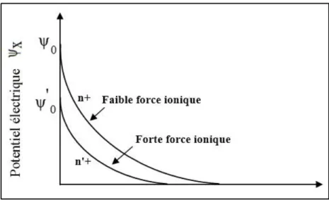 Figure I.17. La variation du potentiel de surface avec la concentration ionique (El Hachmi, 2013)