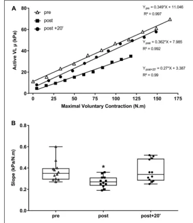 FIGURE 4 | Active vastus lateralis (VL) muscle shear modulus ( µ ) and absolute torque relationship of the knee extensor muscles evaluated before and after exercise and during the recovery period (post + 20’)