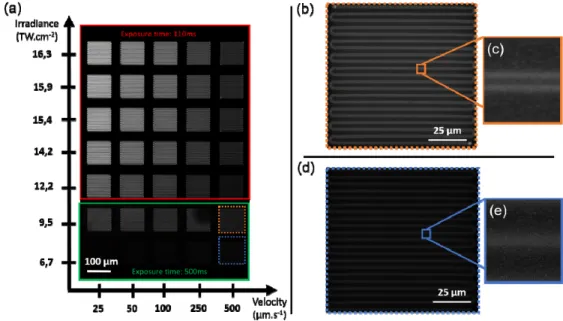 Fig. 4. Wide-field fluorescence imaging of the GPN 26 :Ag glass with excitation at 365 nm (a)  Fluorescent coil structures of 100x100 µm 2  for various DLW irradiances and velocities (b, d)  Individual coil structures created 500 µm.s −1  and at 9.5 TW.cm 