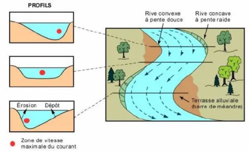 Figure 1.5. Les actions de l’érosion fluviale sur une rivière (Nguyen, 2014)  I.4.1.3