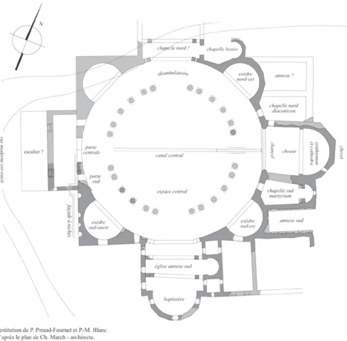 Fig. 1 - Plan légendé de la grande église à plan centré du quartier oriental de  Bosra  (Relevé Ch