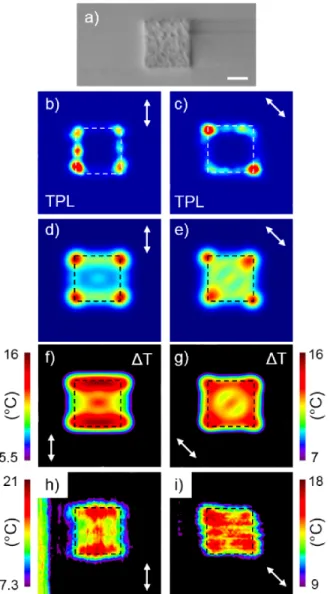 FIG. 6. (a) SEM image of a 800 nm aluminum square struc- struc-ture. Scale bar is 300 nm.(b-c) nPL images recorded on this structure for excitation polarization at (b) 90 ◦ and (c) 45 ◦ 