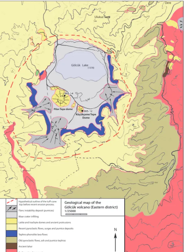 Fig. 1 : Carte géologique simplifiée de la partie centrale et sud-est du volcan Gölcük d’après Platvoet et al