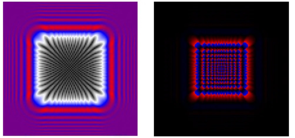 Figure 9. Fresnel diffraction (left : amplitude, right : phase) of a square occulter of side 50 m at 80 000 km, with λ = 0.6µm